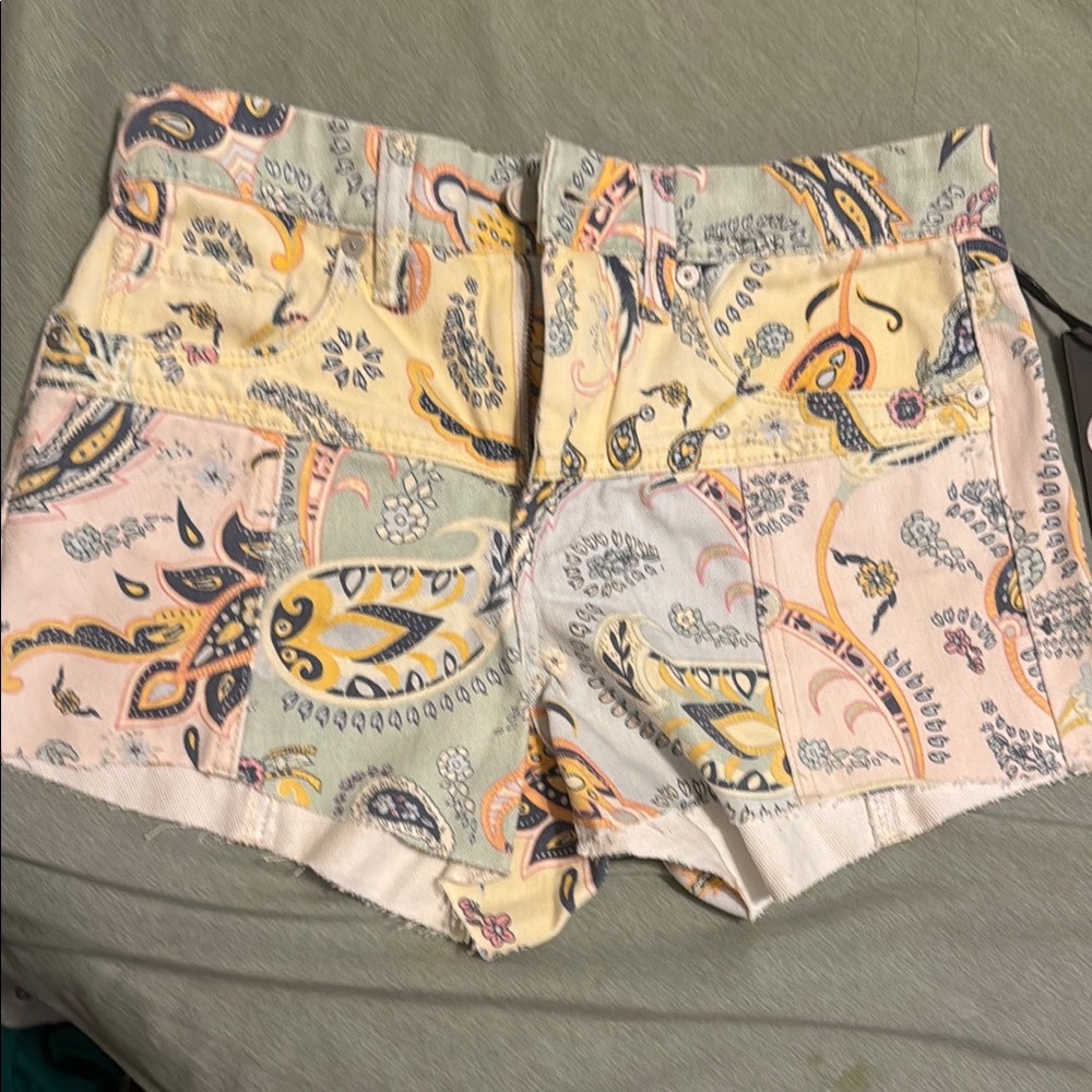 Blank NYC High Waist Pink and Yellow Summer denim paisley patch shorts